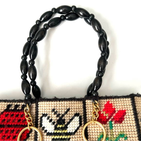 Vintage 1970’s Needlepoint Square Handbag Beaded Straps Bees Ladybug Floral - Picture 3 of 9
